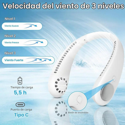 Ventilador de cuello portátil con 3 velocidades y carga Tipo-C